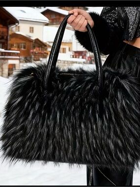 Black Faux Fur Tote Bag with Leather Handles